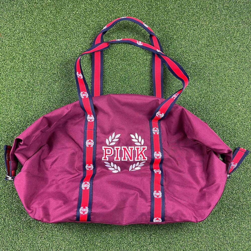 Victoria’s Secret PINK Burgundy Duffel Gym Weekender Bag Red Navy Strap Travel